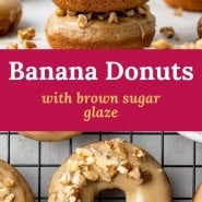 Donuts, text overlay reads "baked banana donuts with brown sugar glaze."