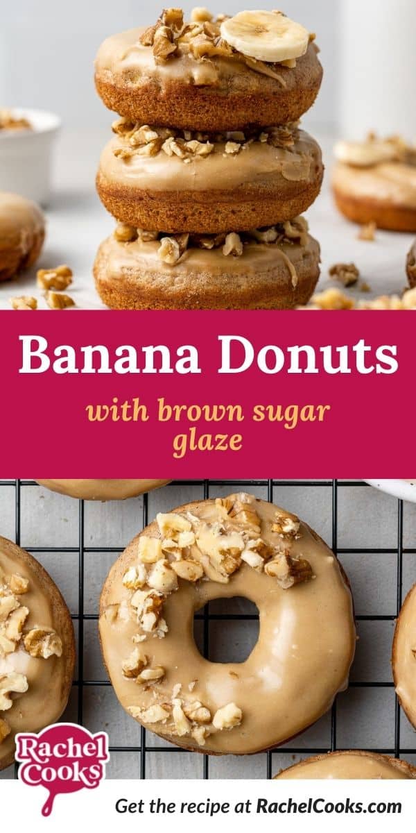 Donuts, text overlay reads "baked banana donuts with brown sugar glaze."