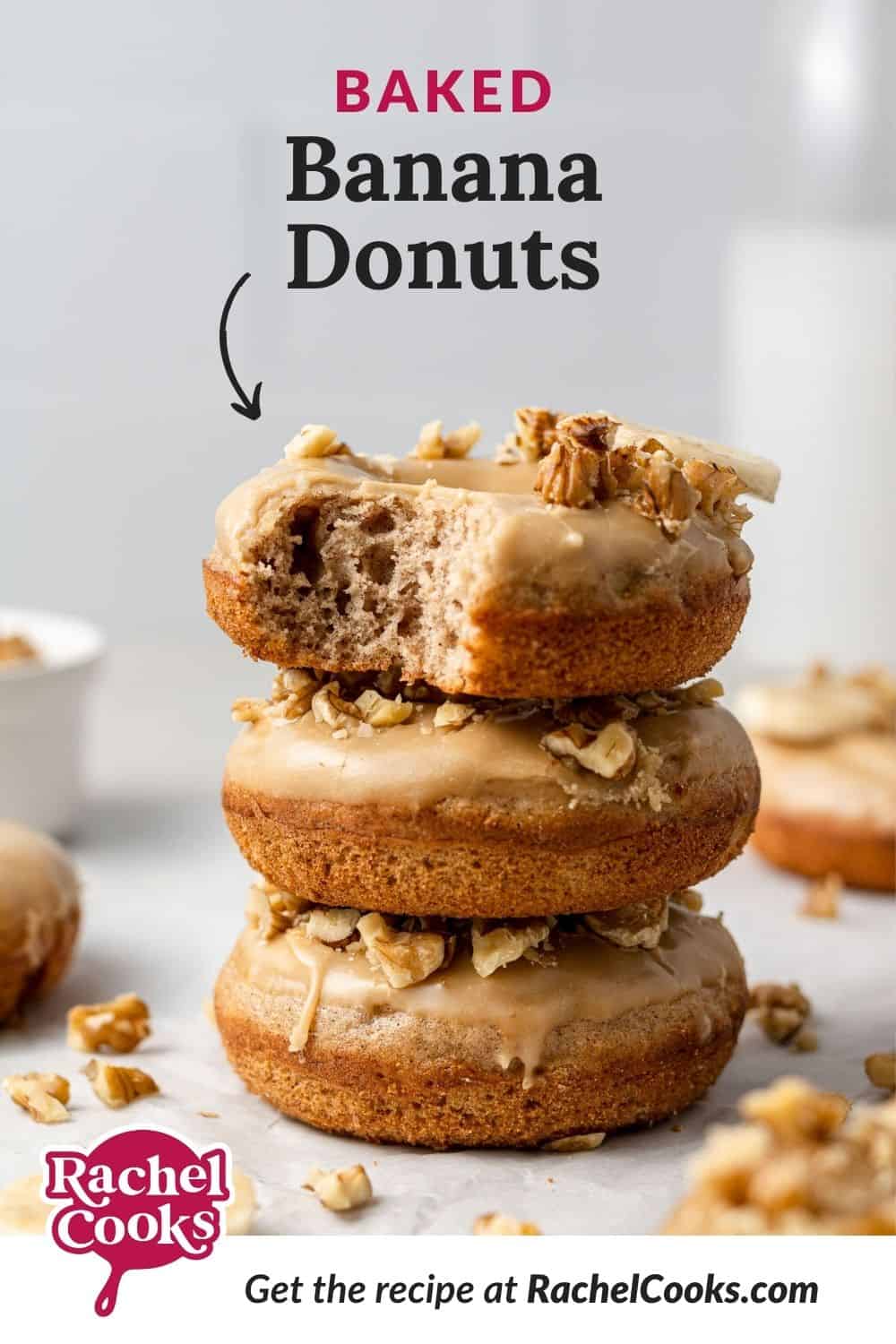 Donuts, text overlay reads "baked banana donuts."