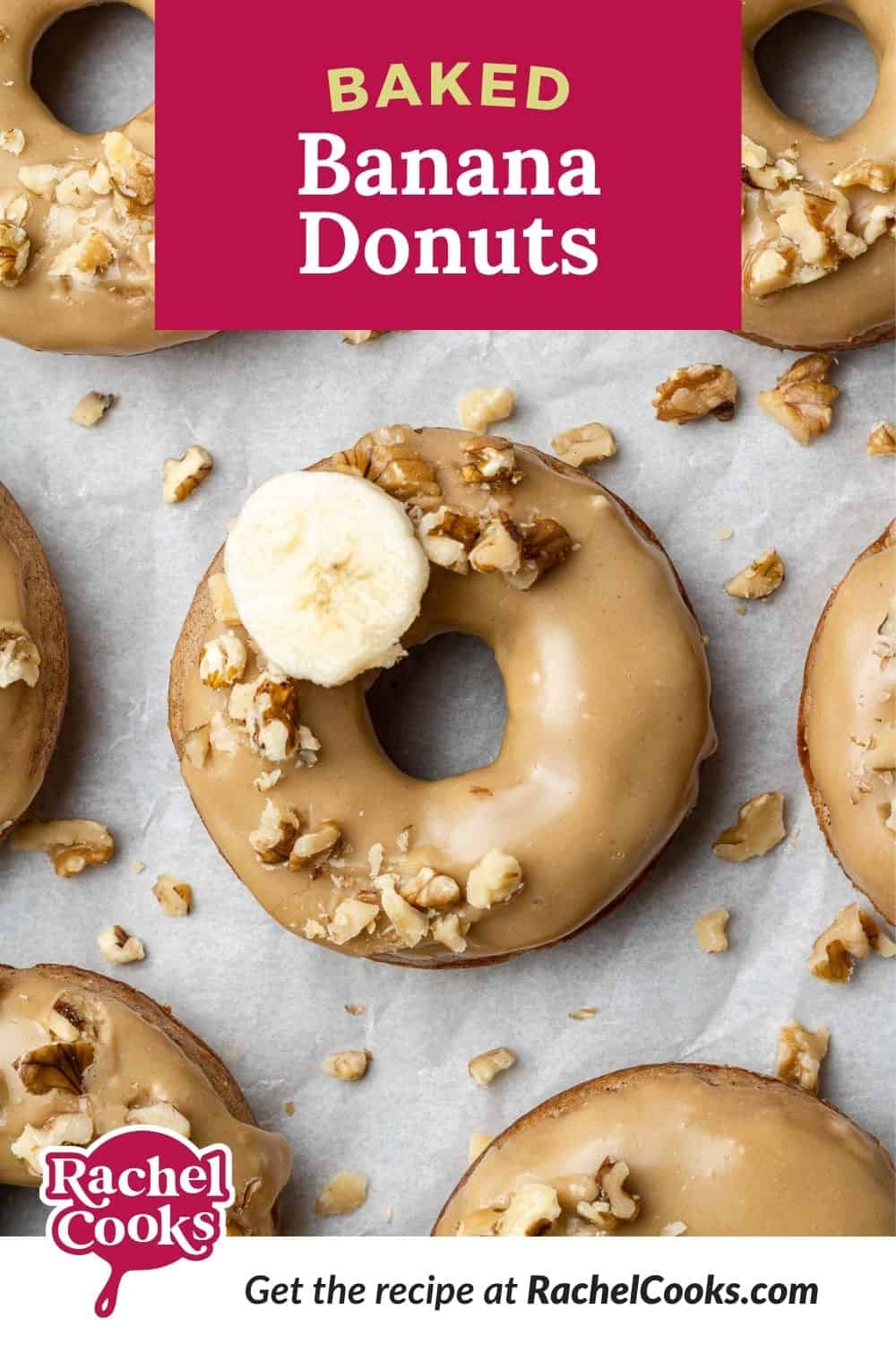 Donuts with text overlay that reads "baked banana donuts."