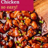 Glazed chicken, text overlay reads "bourbon chicken, so easy!"