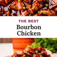 Glazed chicken, text overlay reads "the best bourbon chicken"