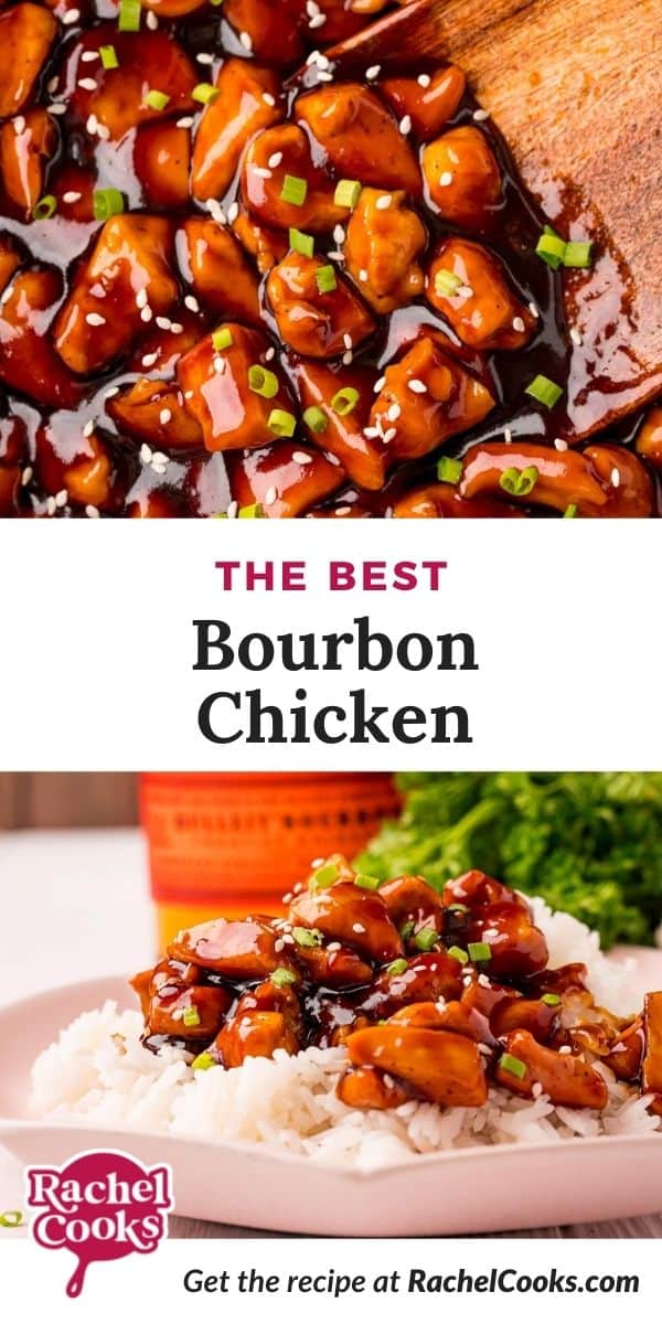 Glazed chicken, text overlay reads "the best bourbon chicken"
