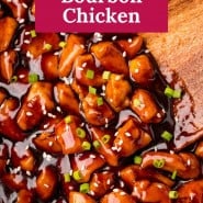 Glazed chicken, text overlay reads "the best bourbon chicken"