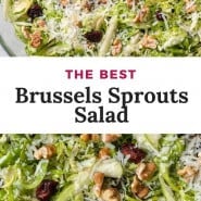 Shredded Brussels sprouts, text overlay reads "the best Brussels sprouts salad."