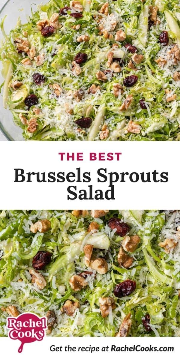 Shredded Brussels sprouts, text overlay reads "the best Brussels sprouts salad."