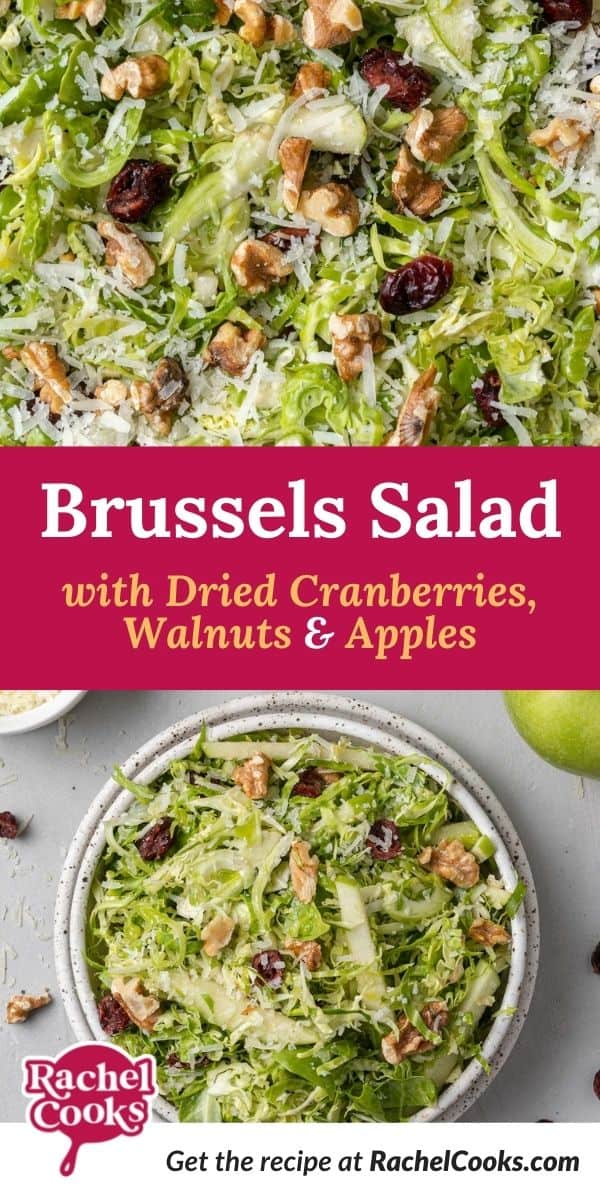 Shredded Brussels sprouts, text overlay reads "Brussels salad with dried cranberries, walnuts, and apples."