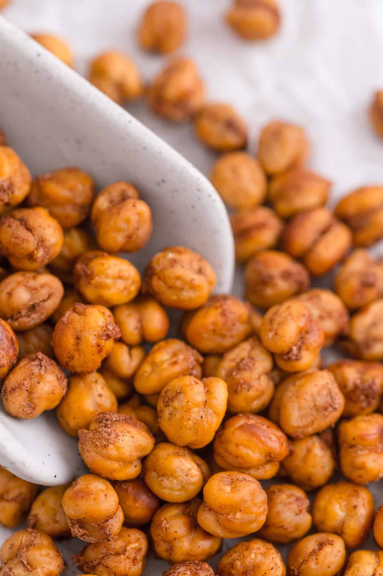 Close up view of crispy cinnamon chickpeas.