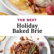 Brie with a text overlay that reads "the best holiday baked brie."