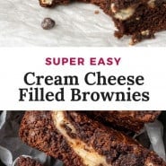 Brownies with text overlay that reads "super easy cream cheese filled brownies."
