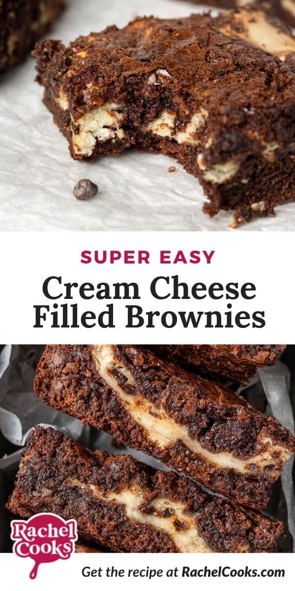 Brownies with text overlay that reads "super easy cream cheese filled brownies."