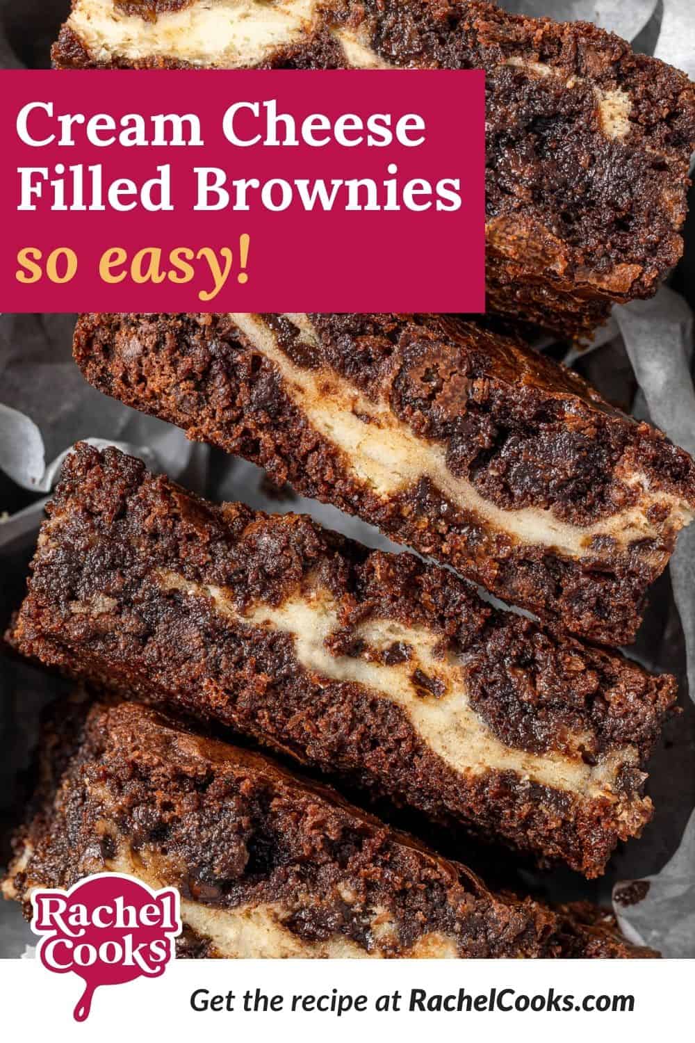 Brownies with text overlay that reads "cream cheese filled brownies - so easy!"