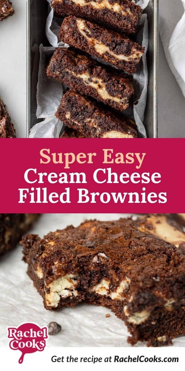 Brownies with text overlay that reads "super easy cream cheese filled brownies."