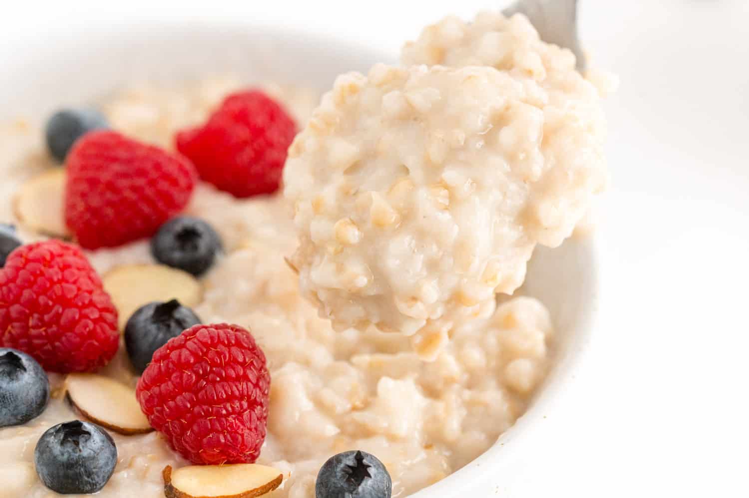 Close up view, showing texture of oatmeal.