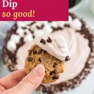 Light brown dip, text overlay reads "hot chocolate dip - so good!"