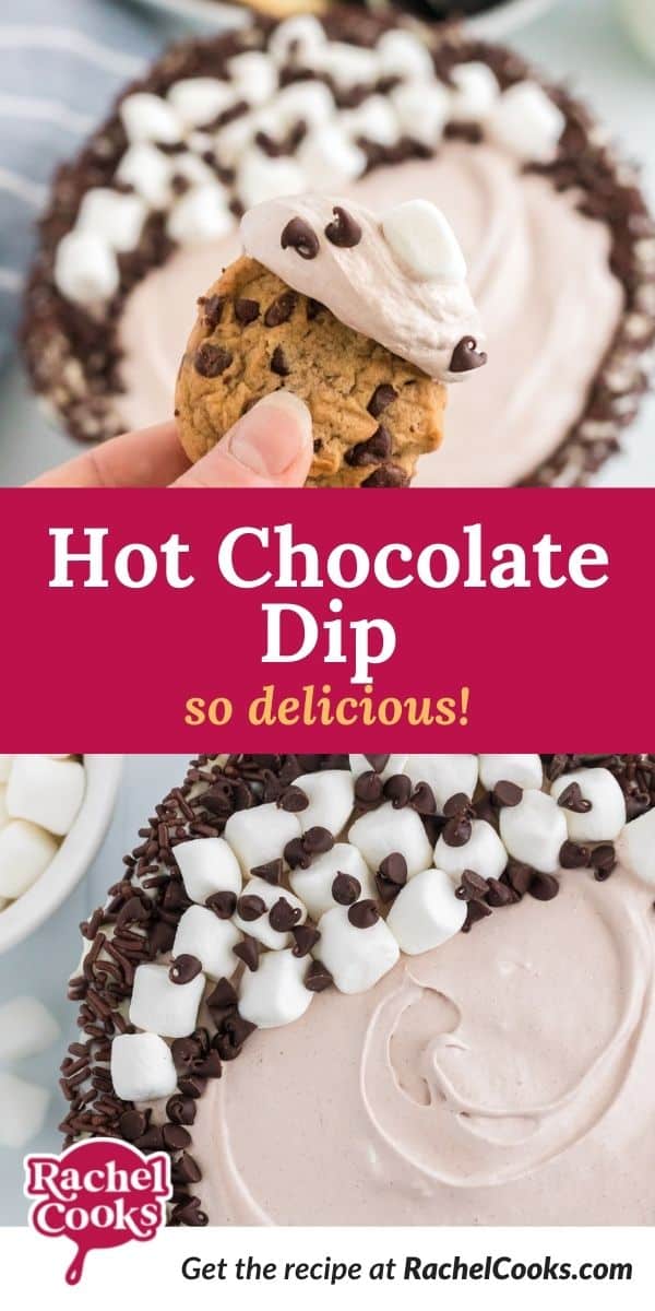 Light brown dip, text overlay reads "hot chocolate dip - so delicious!"