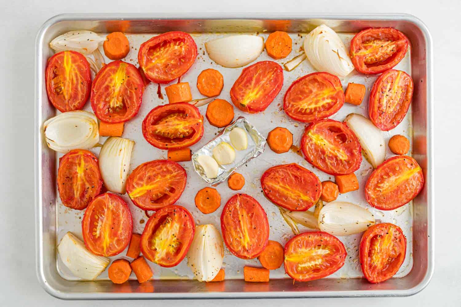 Roasted vegetables on pan.