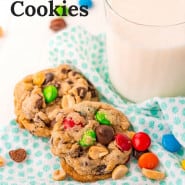Colorful cookies, text overlay reads "the easiest trail mix cookies."