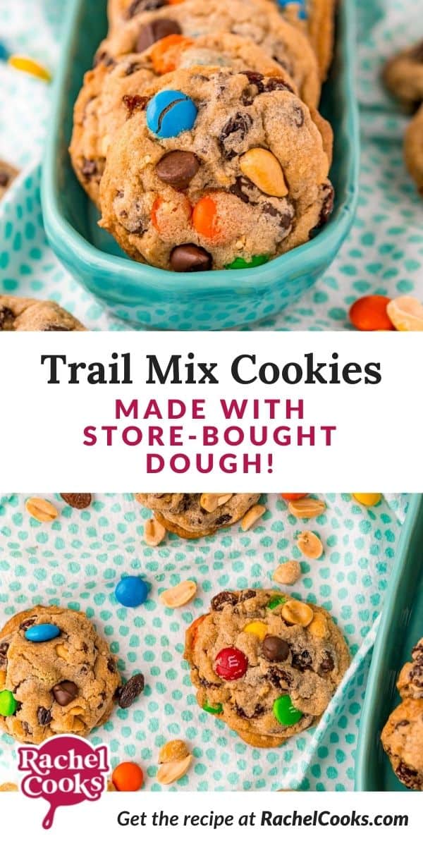 Colorful cookies, text overlay reads "trail mix cookies, made with store-bought dough!"