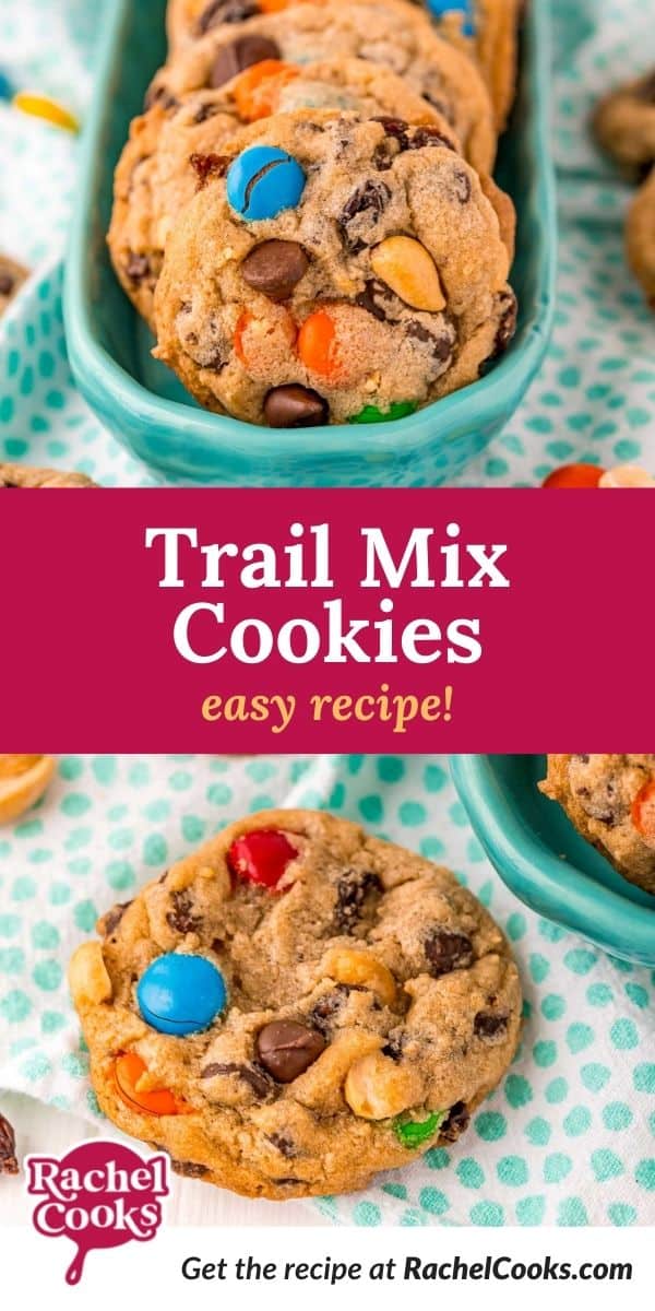 Colorful cookies, text overlay reads "trail mix cookies, easy recipe!"