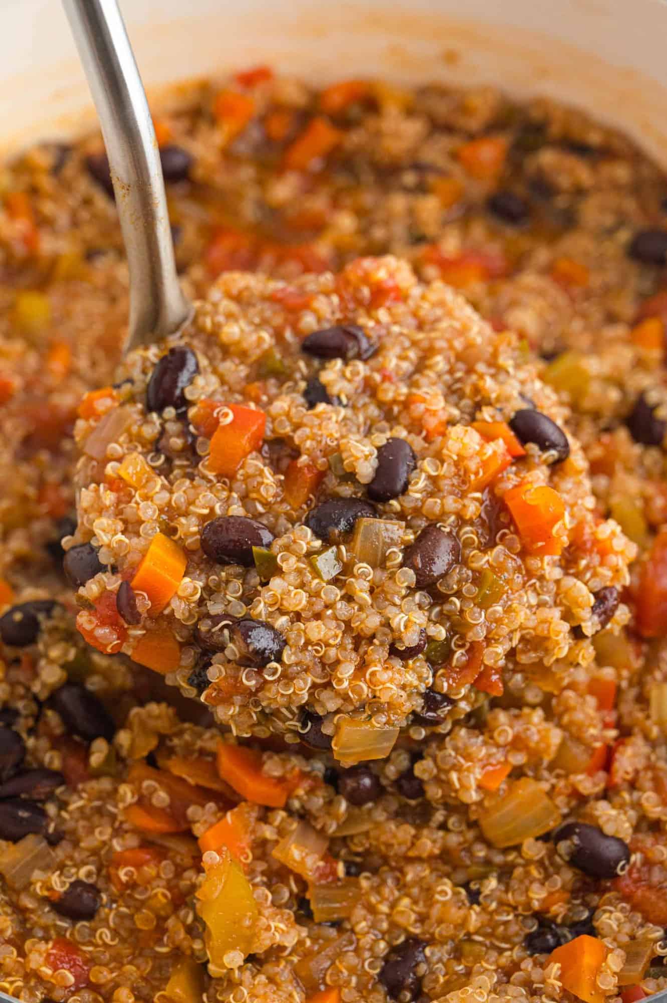 Close up of chili on ladle to show ingredients and texture.