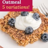 Baked oatmeal, text overlay reads "baked oatmeal, 5 variations"