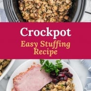 Stuffing, text overlay reads "crockpot easy stuffing recipe."