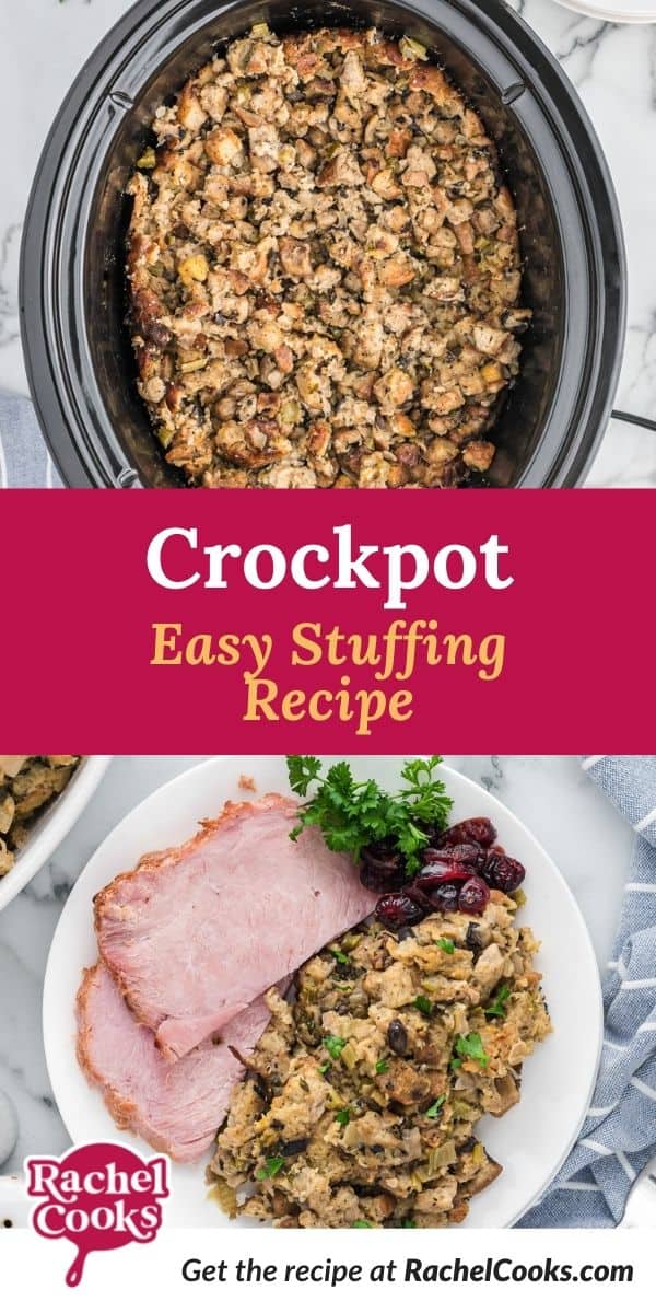 Stuffing, text overlay reads "crockpot easy stuffing recipe."