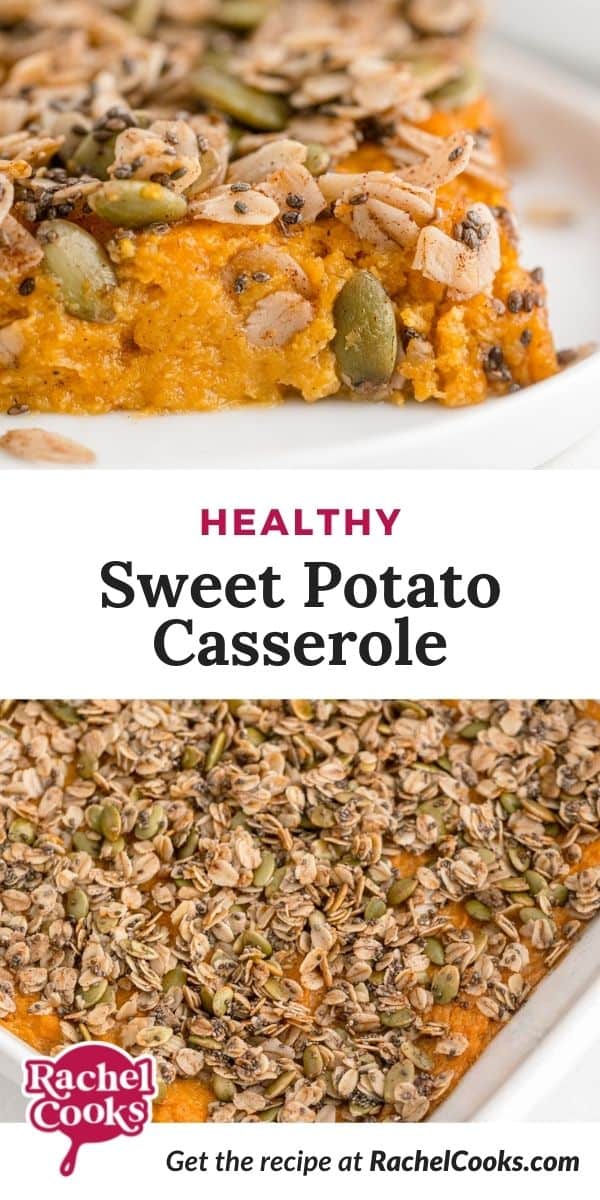 Sweet potatoes, text overlay reads "healthy sweet potato casserole."