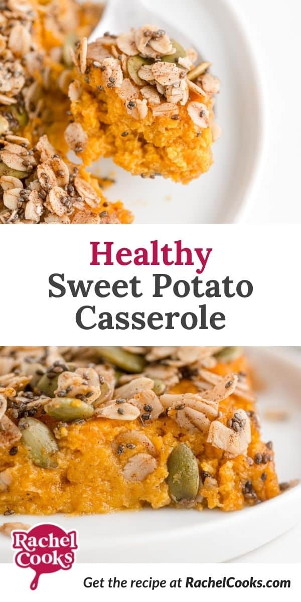 Sweet potatoes, text overlay reads "healthy sweet potato casserole."