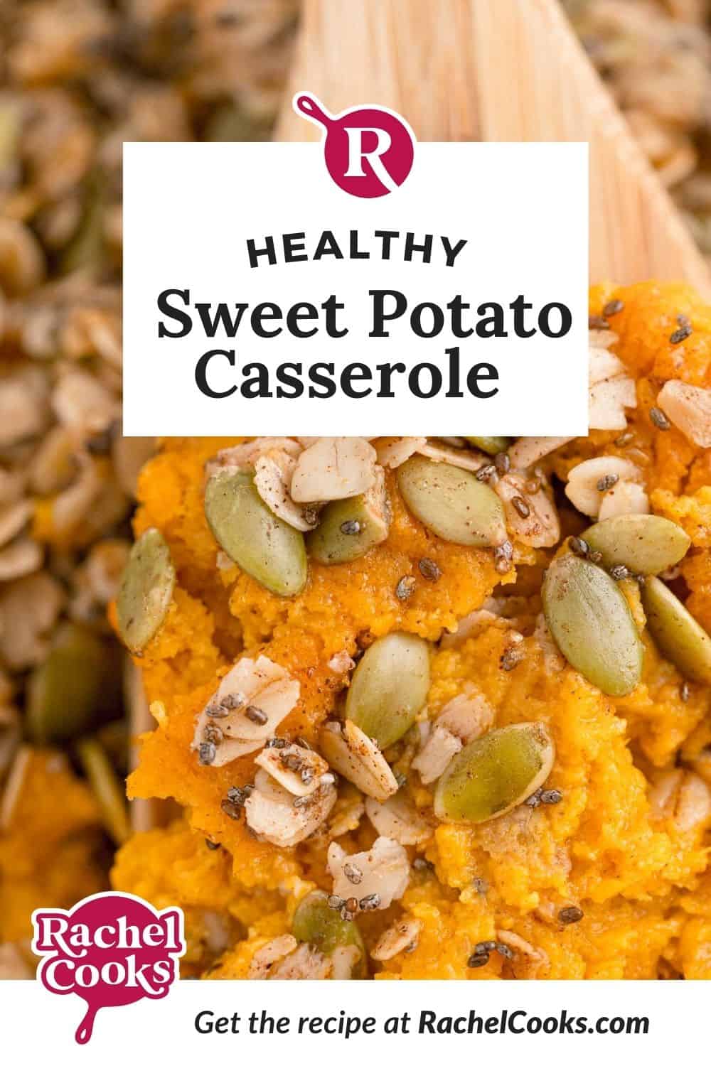 Sweet potatoes, text overlay reads "healthy sweet potato casserole."