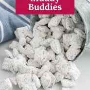 Powdered sugar covered snack, text overlay reads "easy muddy buddies."