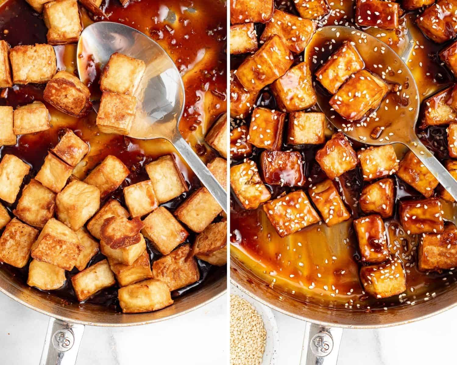 Tofu being tossed with sauce.