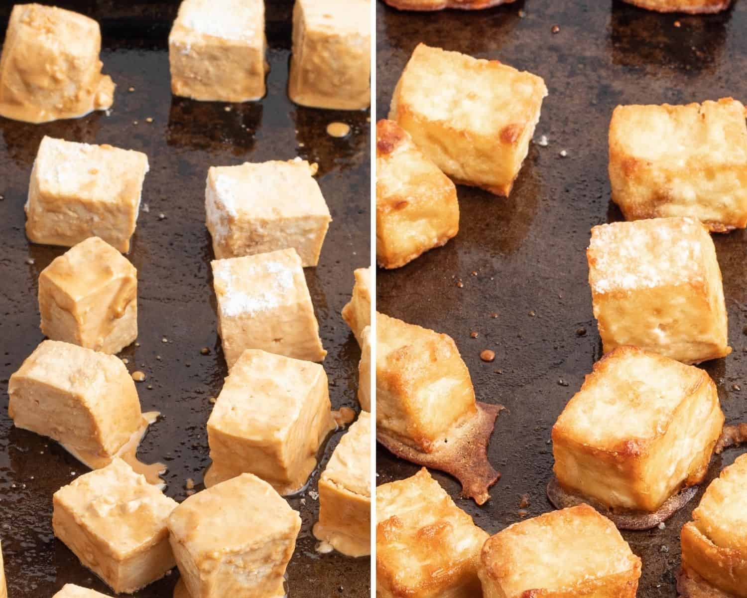 Tofu before and after baking.