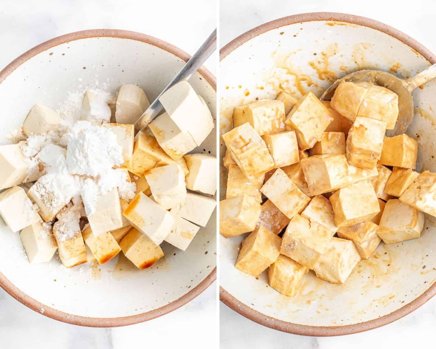 Tofu mixed with cornstarch and soy sauce.