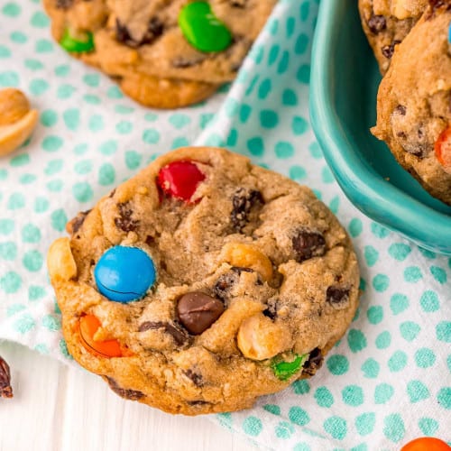 Cookie with m&m's, peanuts, raisins, and chocolate chips.