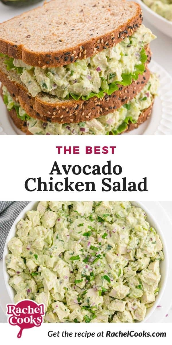 Chicken salad sandwich, text overlay reads "the best avocado chicken salad."
