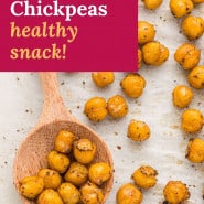 Roasted chickpeas, text overlay reads "crispy chickpeas - healthy snack!"