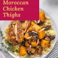 Chicken with squash, text overlay reads "crockpot moroccan chicken thighs."