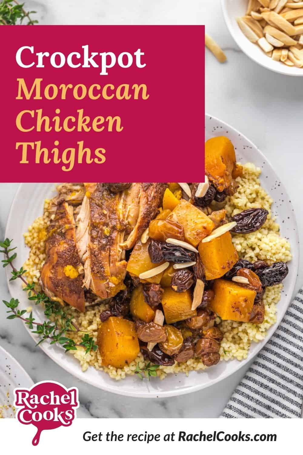 Chicken with squash, text overlay reads "crockpot moroccan chicken thighs."