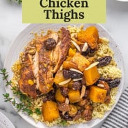 Chicken with squash, text overlay reads "crockpot moroccan chicken thighs."