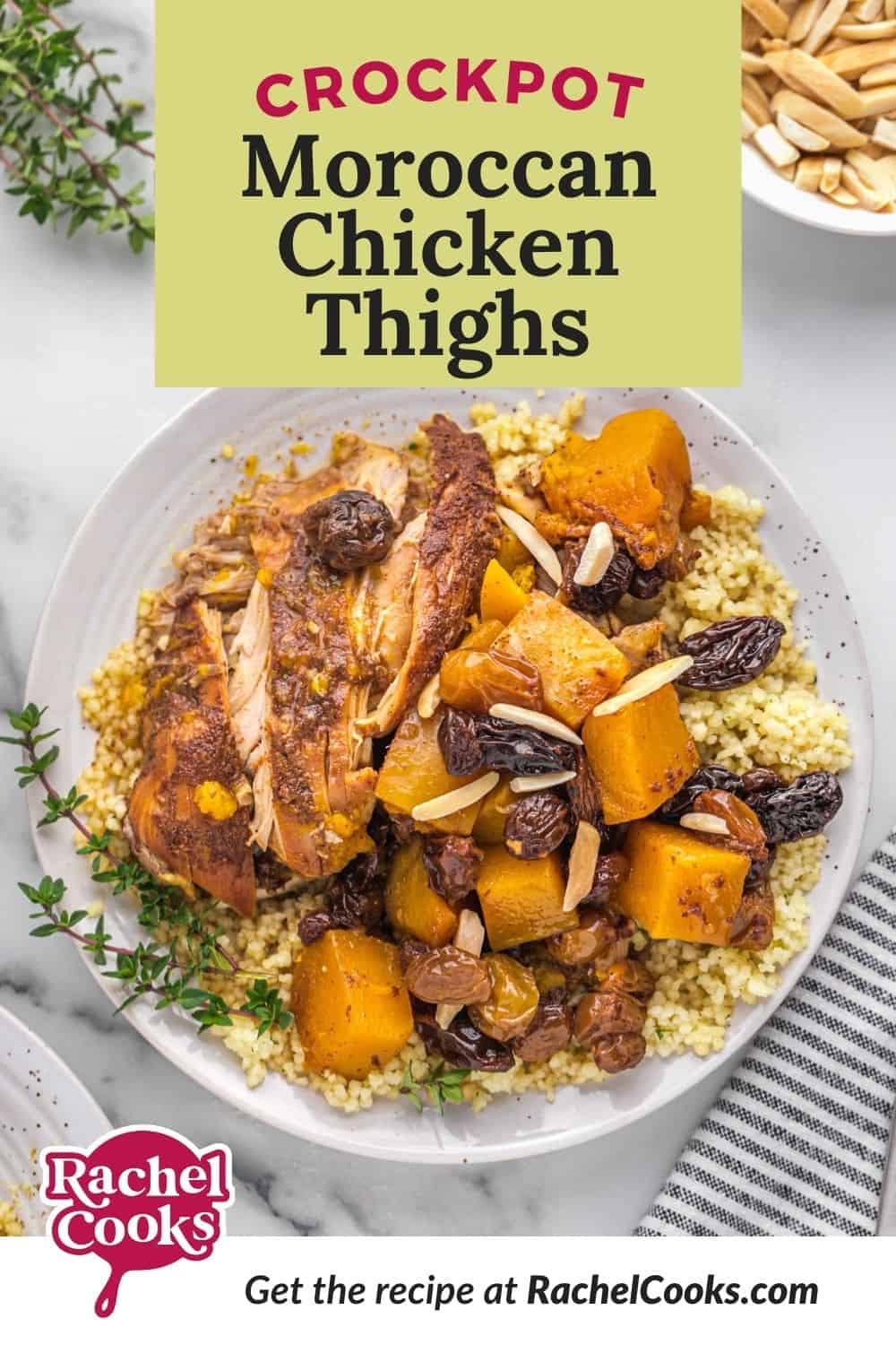 Chicken with squash, text overlay reads "crockpot moroccan chicken thighs."