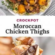 Chicken with squash, text overlay reads "crockpot moroccan chicken thighs."