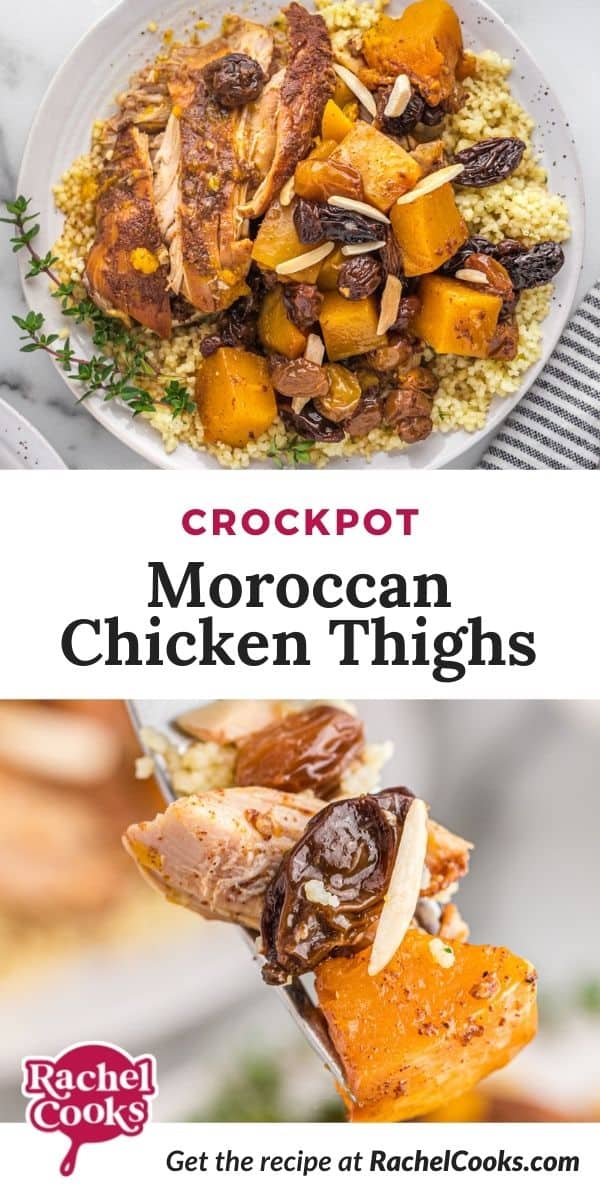 Chicken with squash, text overlay reads "crockpot moroccan chicken thighs."