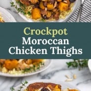 Chicken with squash, text overlay reads "crockpot moroccan chicken thighs."