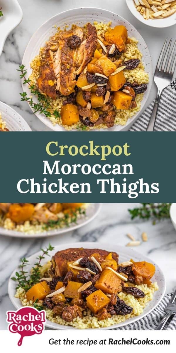 Chicken with squash, text overlay reads "crockpot moroccan chicken thighs."
