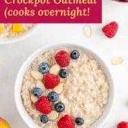 Oatmeal in white bowls, text overlay reads "perfect crockpot oatmeal, cooks overnight."