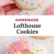 Frosted cookies, text overlay reads "homemade lofthouse cookies."