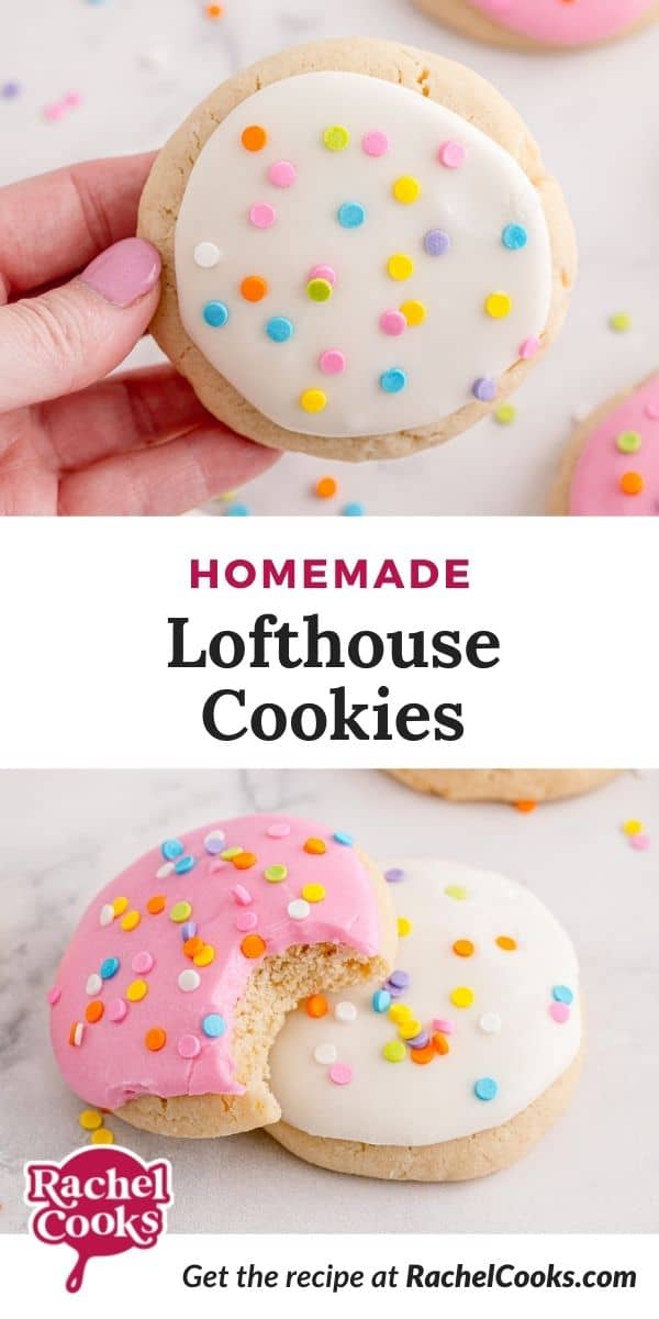 Frosted cookies, text overlay reads "homemade lofthouse cookies."