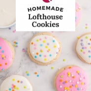 Frosted cookies, text overlay reads "homemade lofthouse cookies."